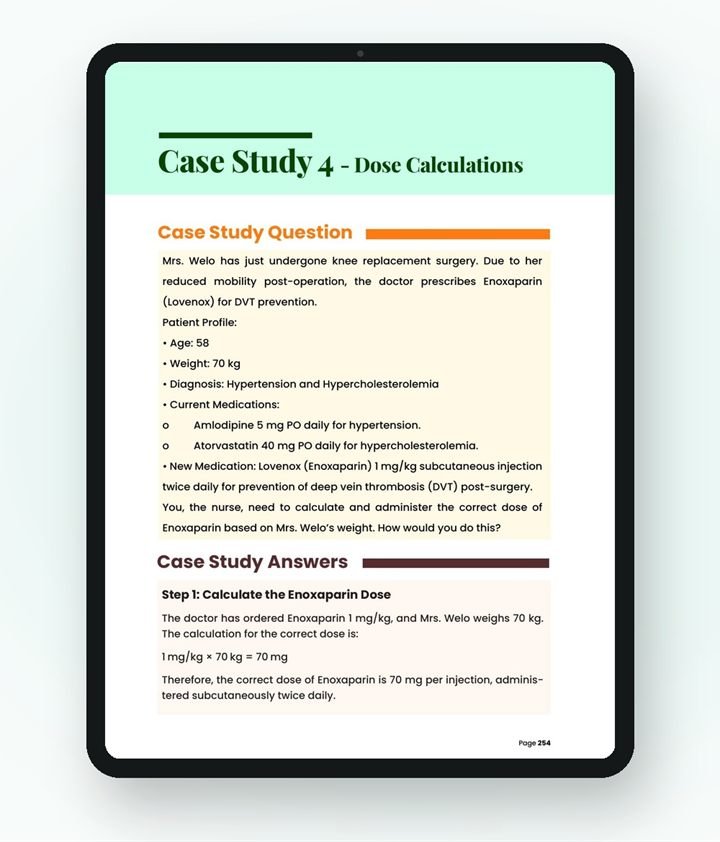 Tablet showing Case Study 4: an enoxaparin dose calculation for a 58-year-old patient after knee replacement surgery
