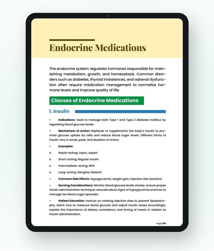 Tablet showing the Endocrine Medications page: insulin indications, mechanism of action, examples, side effects and nursing considerations